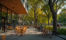 the street outside a restaurant has tables and chairs near trees