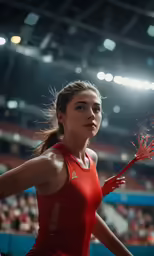a beautiful young woman wearing a red top holding an orange object