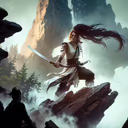 the elder man in an animated video game, a person holding a sword and an avatar is