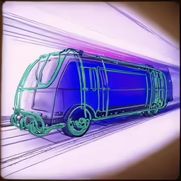 a blue vehicle in front of a long wall