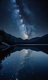 night view of a mountain lake, with the stars in the sky