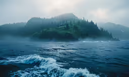 a green island in a foggy sky on an ocean