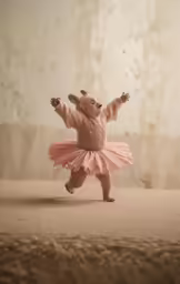 a bear standing in a pink tutu, its arms outstretched