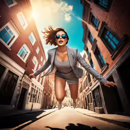 a woman dressed in gray running across the road