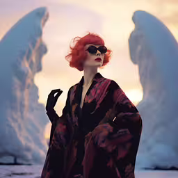 a woman wearing shades and a kimono with snow arches behind her,woman with red hair wearing black sunglasses and posing in front of ice formations