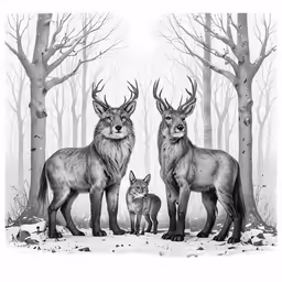 a drawing of two deer and a baby deer in the woods
