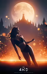 a woman is standing in front of a very big moon