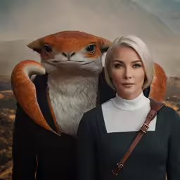 the woman is standing with her arms around a creature