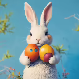 the rabbit is holding an orange and an orange ball