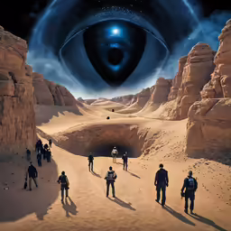 an image of a surreal scene with people on the desert