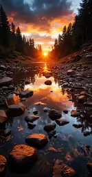 the sun is setting over the water and rocks
