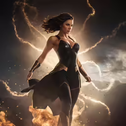 a woman with a flying cape in her hand