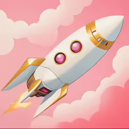 a white and gold space rocket with pink background