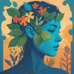 the girl is in profile with leaves in her hair,the painting shows a blue face with leaves in her hair