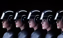 nine model heads wearing a series of head - only devices