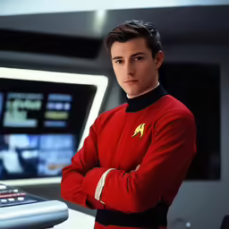 a man in a red uniform standing next to a table