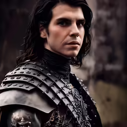 a young man wearing black armor with a skull on his chest
