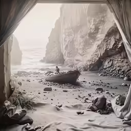 man in boat looking out of cave window to ocean