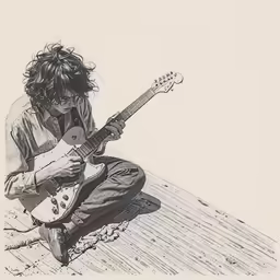 a man is sitting on the ground playing a guitar