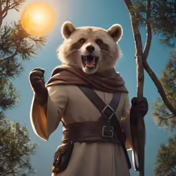 a close up of a mascot with a tree in the background