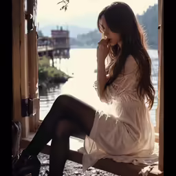 woman in long white dress sitting on bench by water