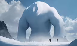 two people in the snow next to a giant body of water