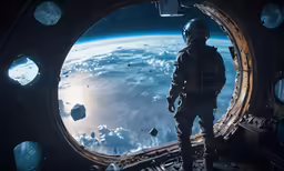 astronaut standing on the edge of a space station looking out at the view from inside a space station