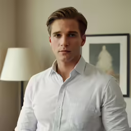 a man in a white shirt is standing in front of a lamp
