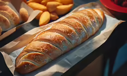 a close up of a long baguette near several other food items