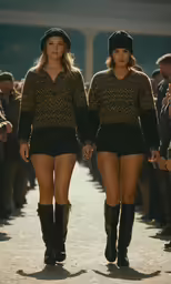 two woman walk down a runway in high - waisted shorts and cowboy hats