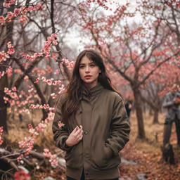 a girl stands under a bunch of pink flowers in the woods