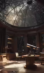 an ornate room with large windows that has a telescope on it