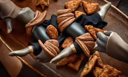 a table with some black cones and some silver knives