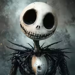 a skeleton with large eyes and spiked ears wearing barbed wires