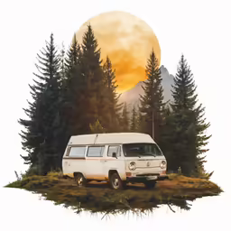 an old van parked on the side of a road with trees