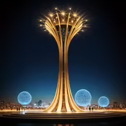 a tall tower with illuminated decorations sits in the middle of a town