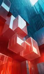a building has red boxes suspended above it