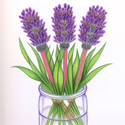 some flowers are in a glass jar with water,a drawing of some flowers in a glass,a glass jar filled with purple flowers and green stems,a drawing of purple flowers in a jar,an image of some flowers in a jar