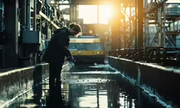 a woman that is standing on a water way
