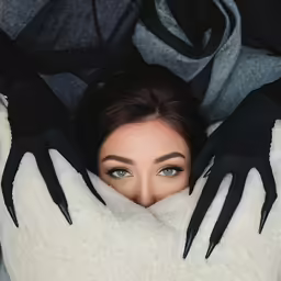 the woman is hiding her eyes behind two black gloves