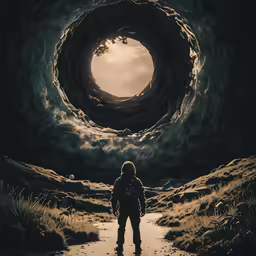 an image of a man standing in the center of a sky