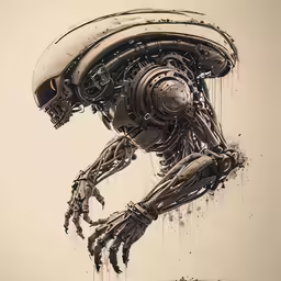 a drawing with an alien creature holding a computer mouse