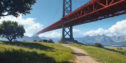 a bridge spanning over a lush green field