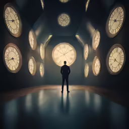 a man standing in an empty room between huge clocks