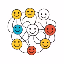 an abstract drawing with several smiling faces on it