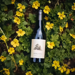a bottle of wine on top of a field of yellow flowers
