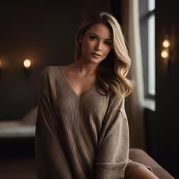 a blonde woman in a brown sweater looking at the camera