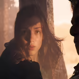 a woman looks back at her man next to a tree