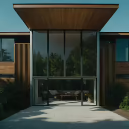 a room with large glass walls, and patio furniture