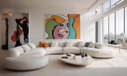 a white sectional couch sits beneath an art - deco painting